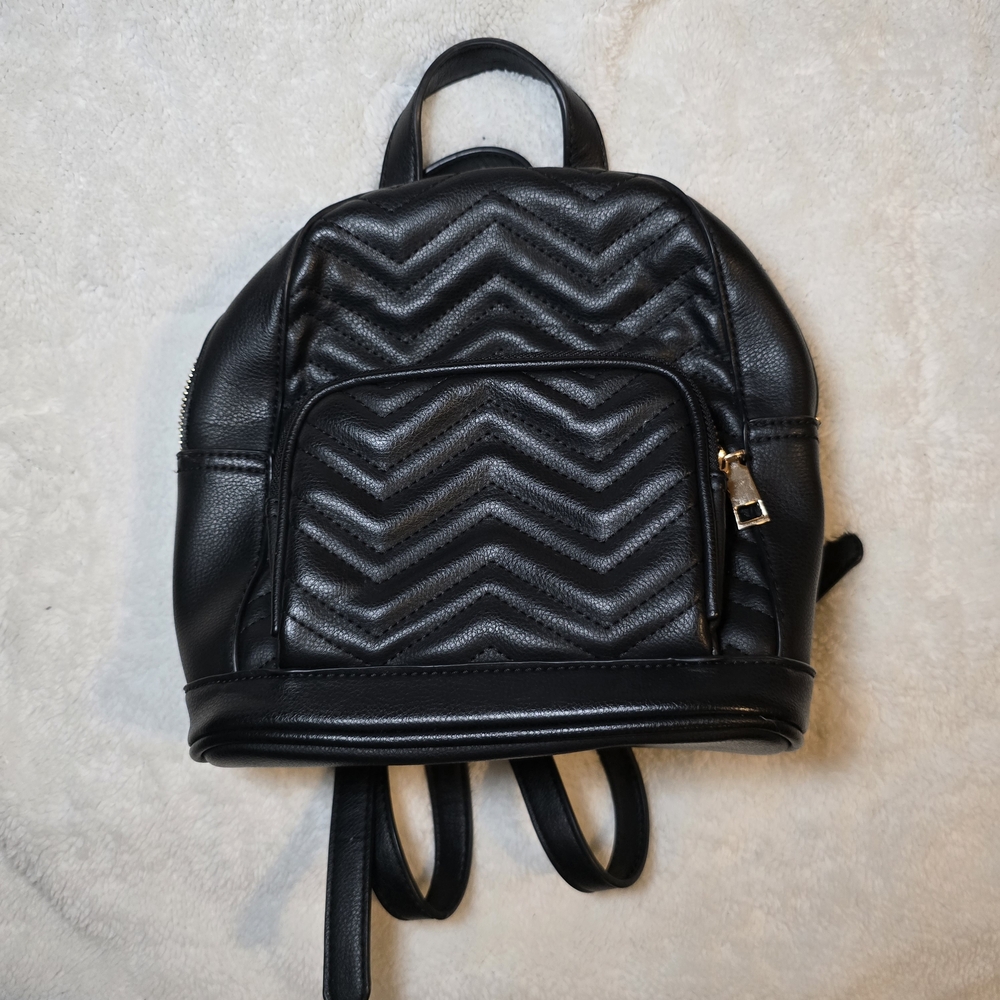 64. Black Quilted Faux Leather Mini Backpack Purse – Gold Zipper & Chain Print